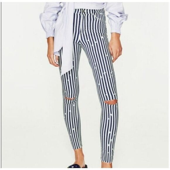 NWOT ZARA TRAFALUC BLUE & WHITE STRIPED SKINNY JEANS Size 00 - Picture 9 of 13